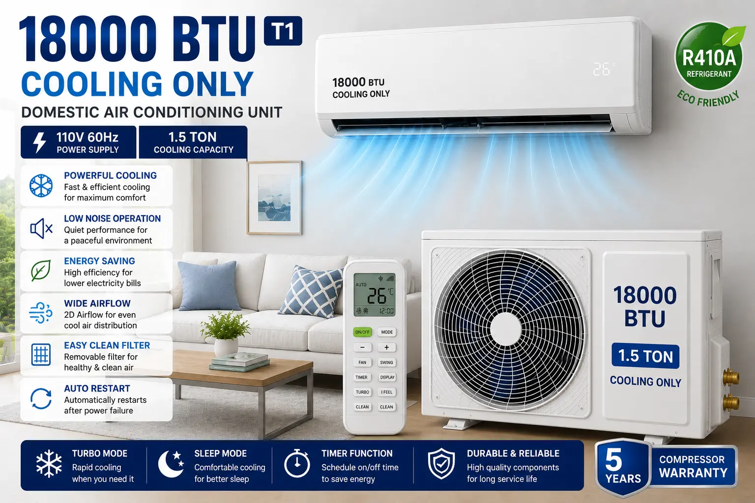 18000 BTU T1 110V 60Hz Cooling Only Domestic Air Conditioning Unit