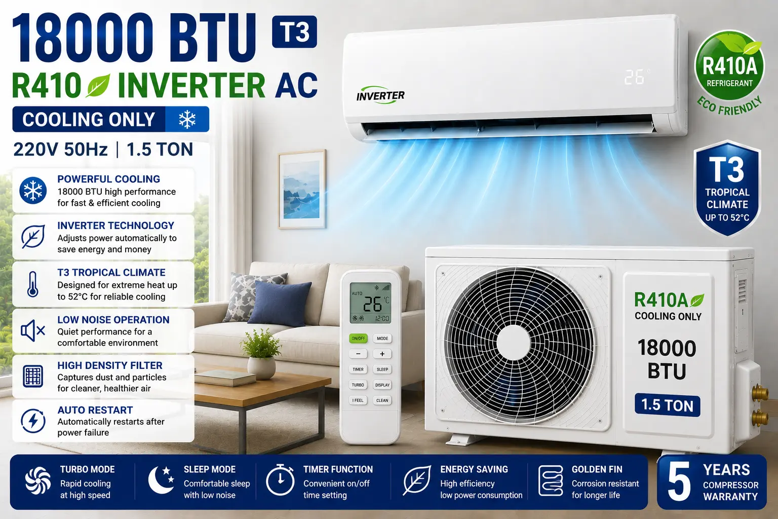 18000 BTU T3 R410 Cooling Only 220V 50Hz 1.5 Ton Inverter Ac