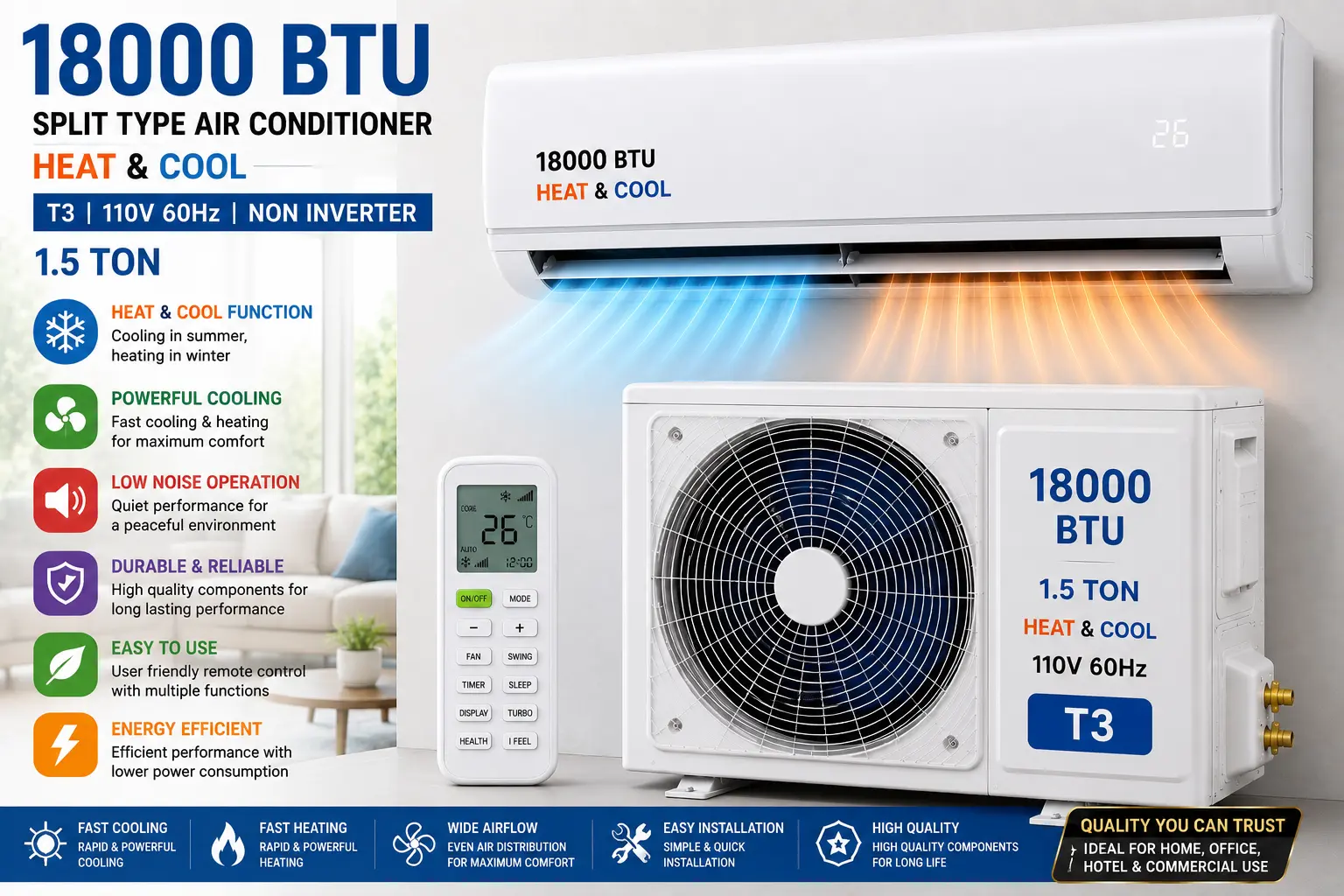 18000 BTU T3 110V 60Hz Heat And Cool non inverter split type ac 1.5 ton