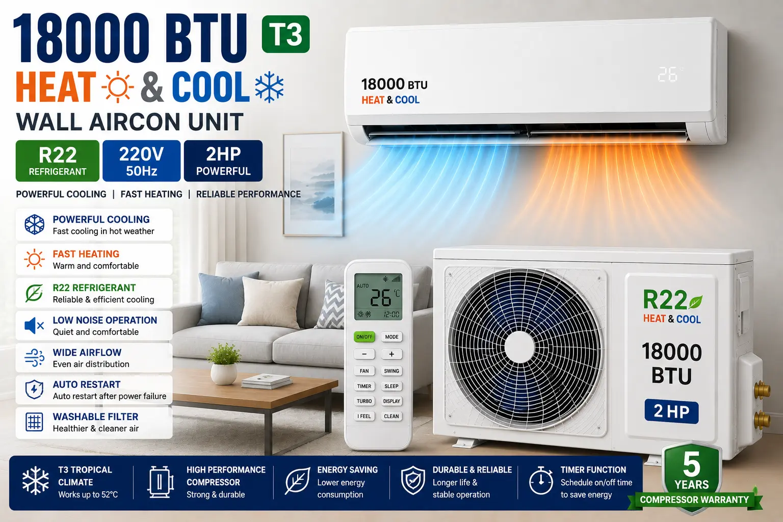 18000 BTU T3 R22 Heat And Cool 220V 50Hz 2hp Wall Aircon Unit