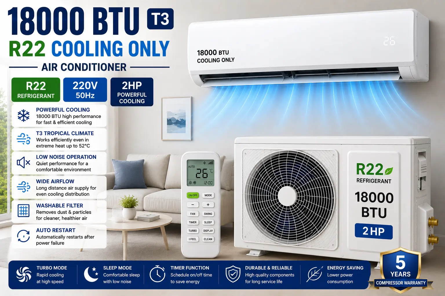 18000 BTU T3 R22 Cooling Only 220V 50Hz 2hp Air Conditioner