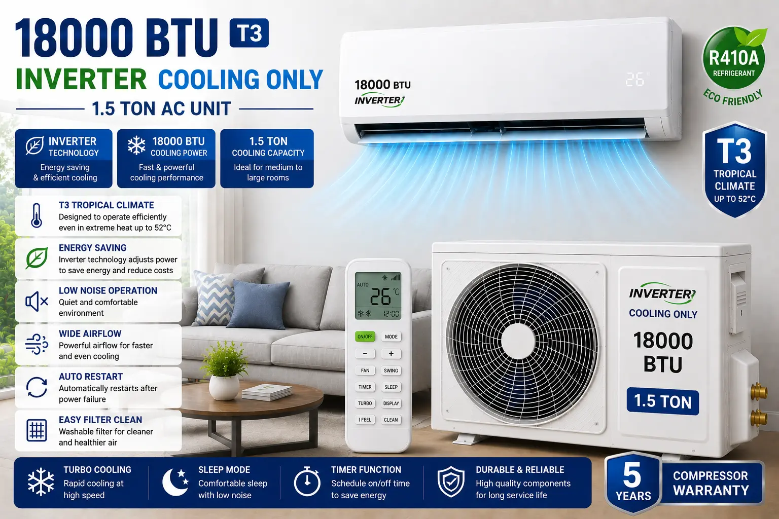 18000 BTU T3 Inverter Cooling Only 1.5 Ton Ac Unit