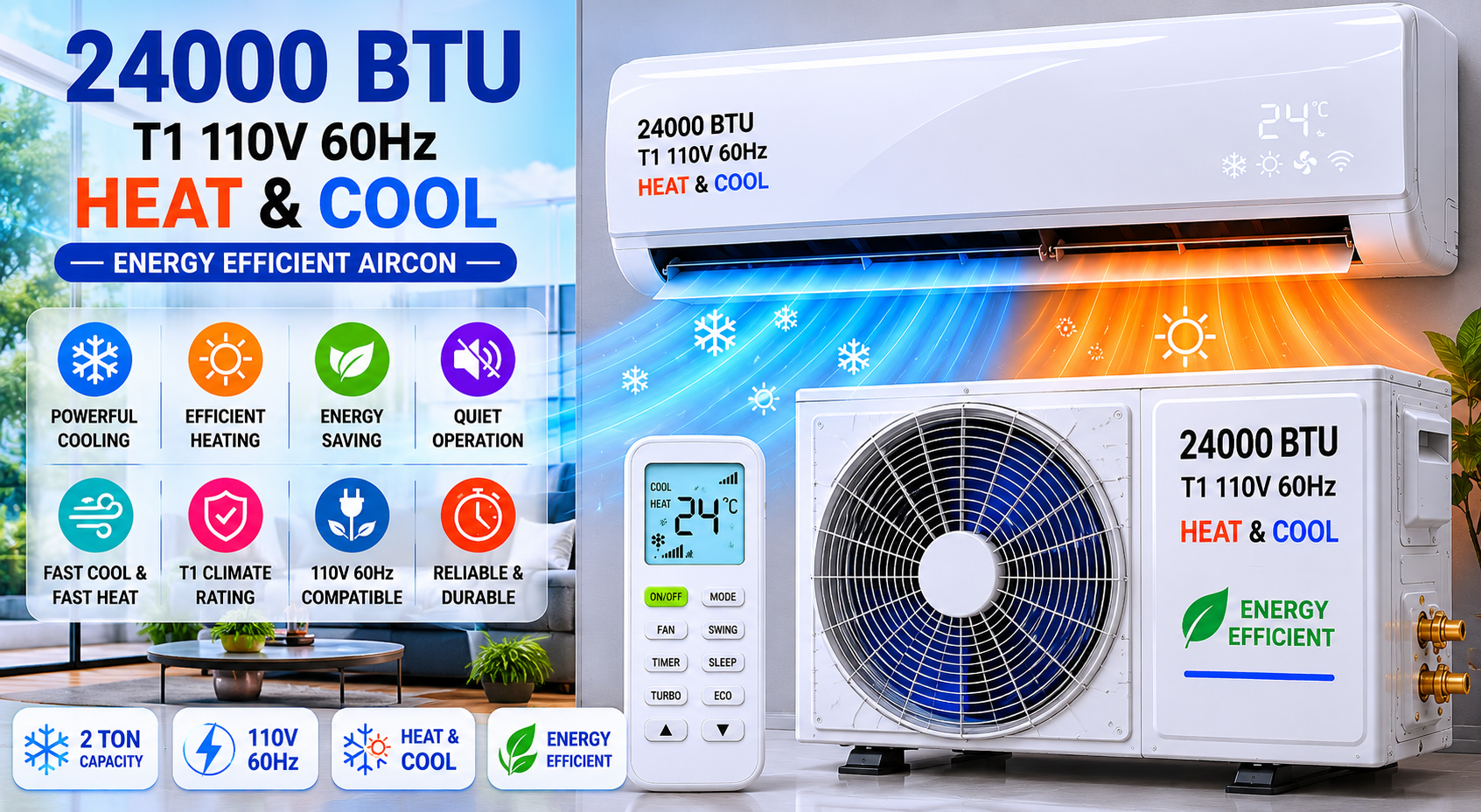 24000 BTU T1 110V 60Hz Heat And Cool Energy Efficient Aircon