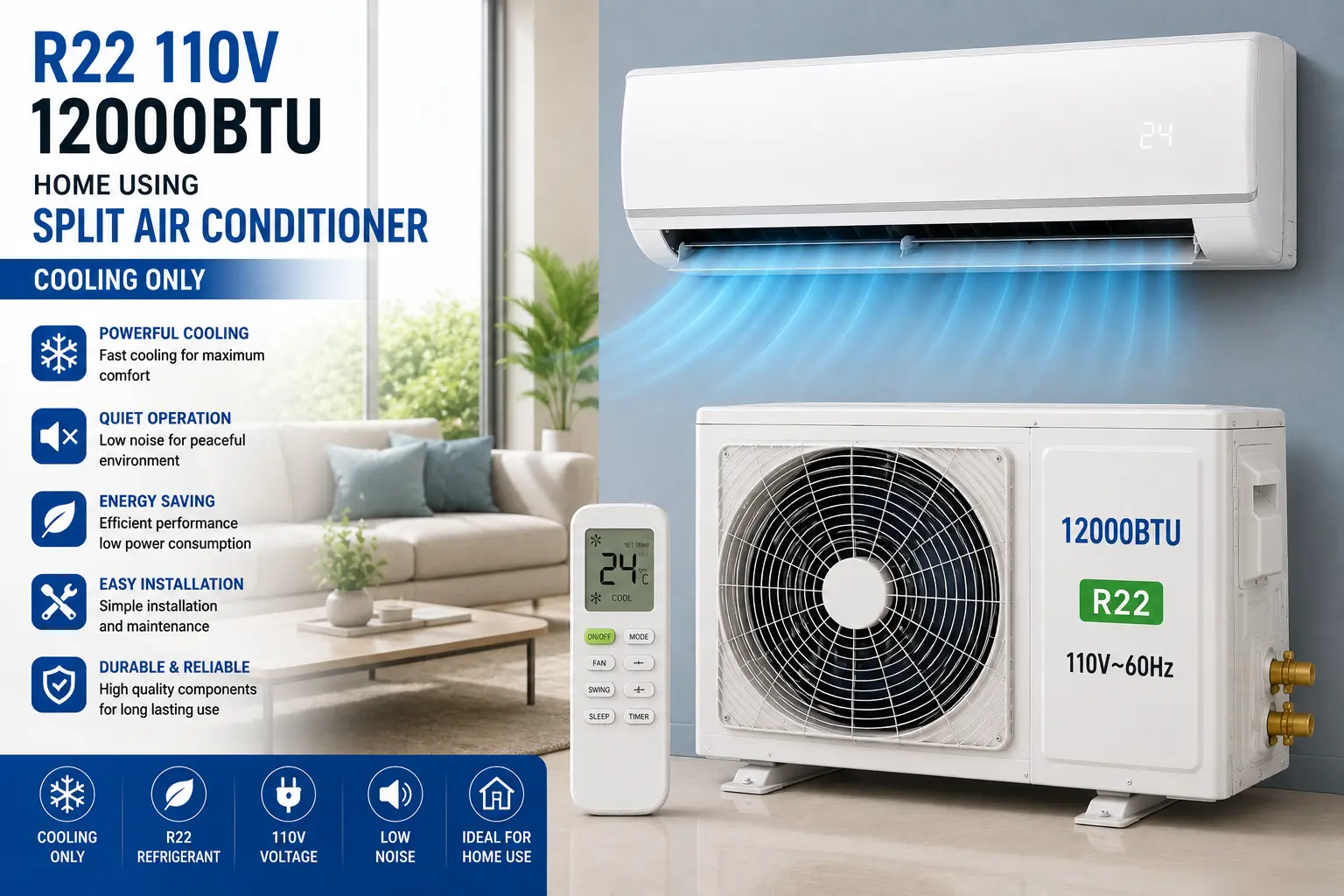 R22 110V 12000BTU Home Using Split Air Conditioner