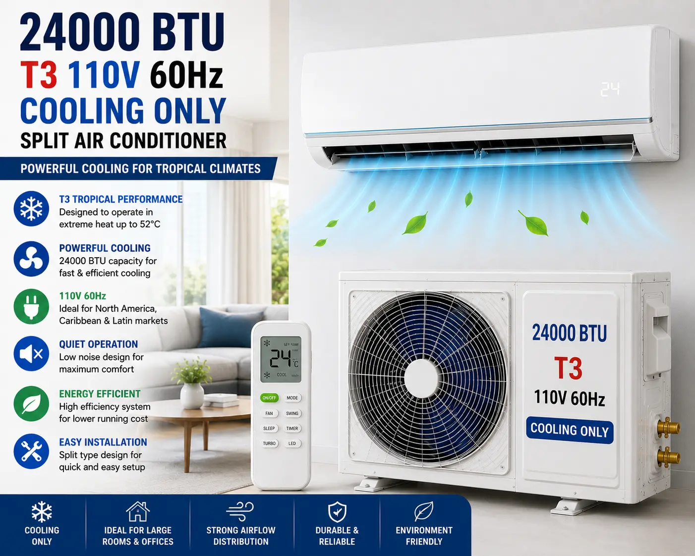 24000 BTU T3 110V 60Hz Cooling Only AC Split Air Conditioner
