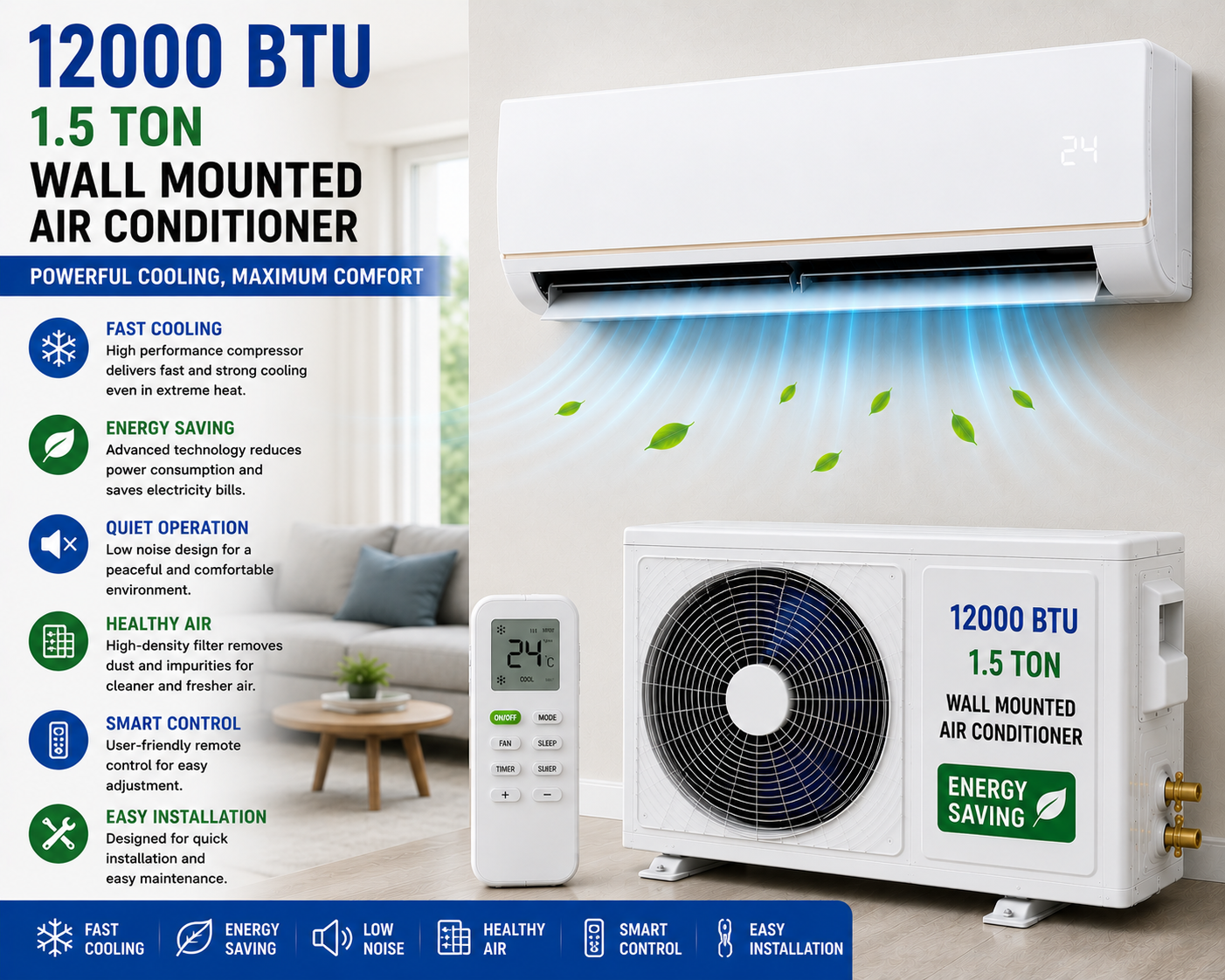 12000Btu 1.5Ton Household Wall Mounted Air Conditioner