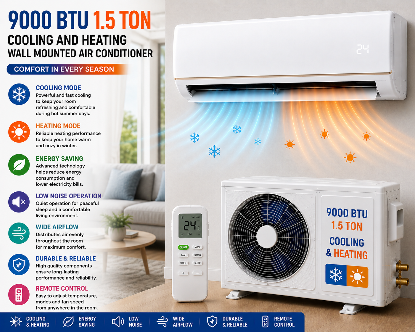 9000Btu 1.5Ton Household Cooling And Heating Wall Mounted Air Conditioner