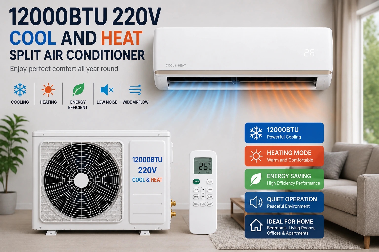 12000Btu 220V Home Using Cool And Heat Split Air Conditioner