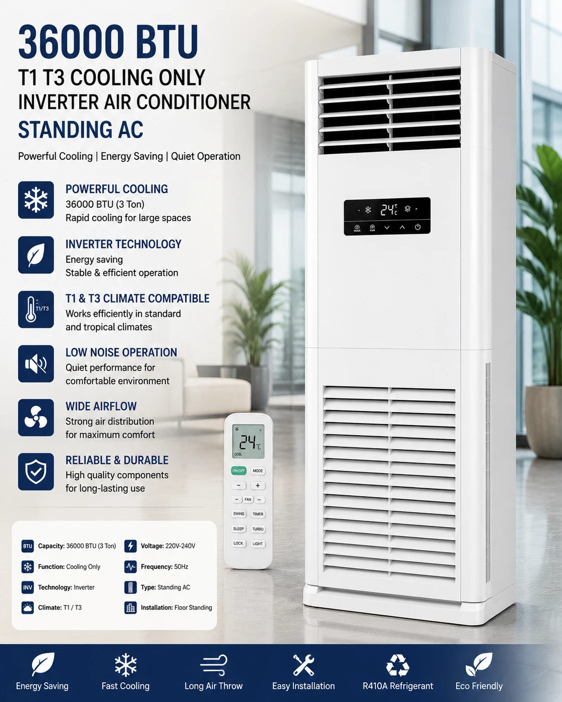 36000 BTU T1 T3 Cooling Only Inverter Air Conditioner Standing AC Unit Price