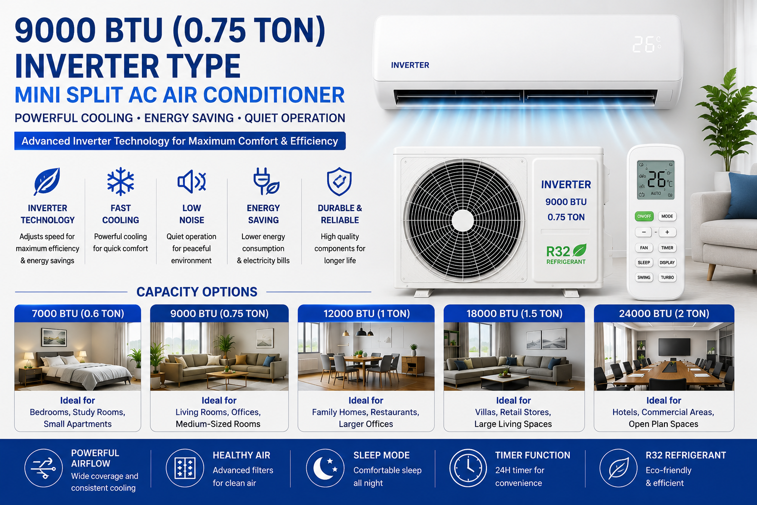 9000 BTU 0.75Ton Inverter Type Mini Split AC Air Conditioner