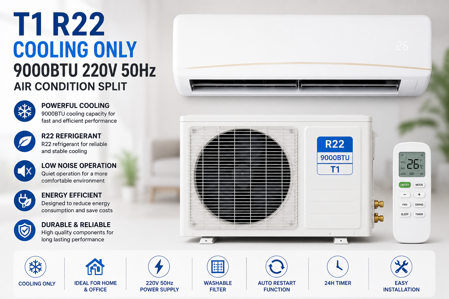 T1 R22 Cooling Only 9000Btu 220V 50Hz Air Condition Split