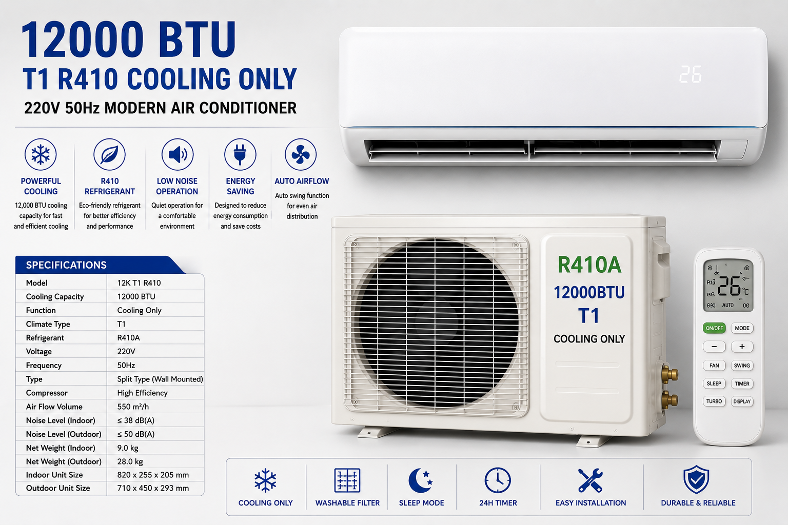 12000 BTU T1 R410 Cooling Only 220V 50Hz Modern Air Conditioner