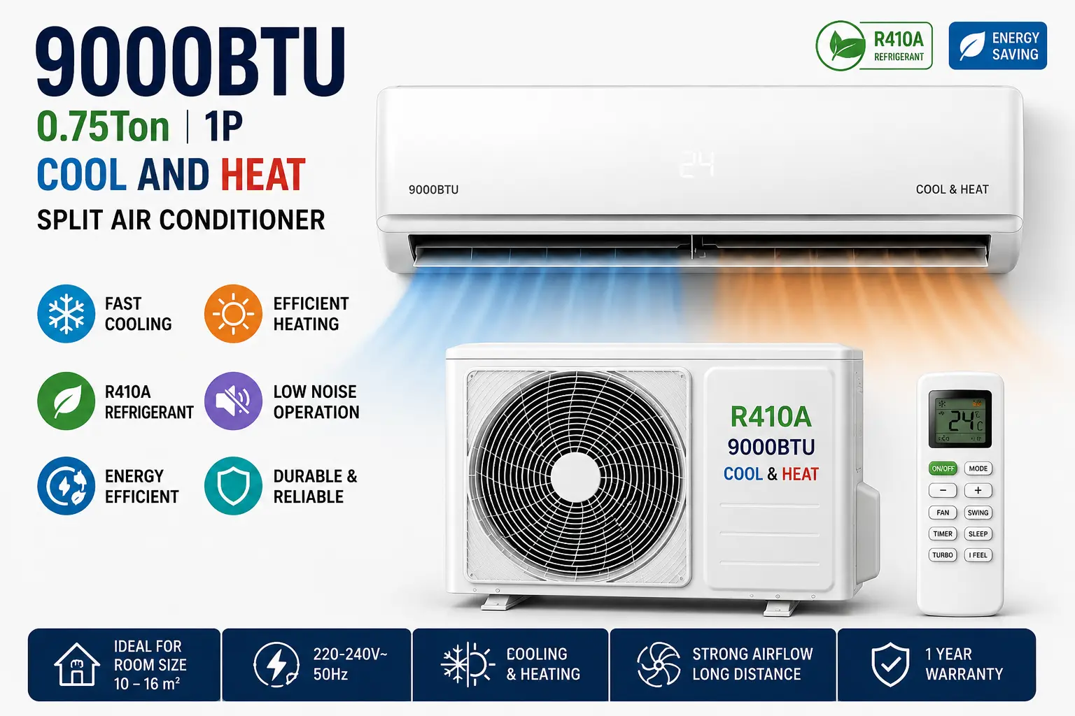 9000Btu 0.75Ton 1P Cool And Heat Split Air Conditioner