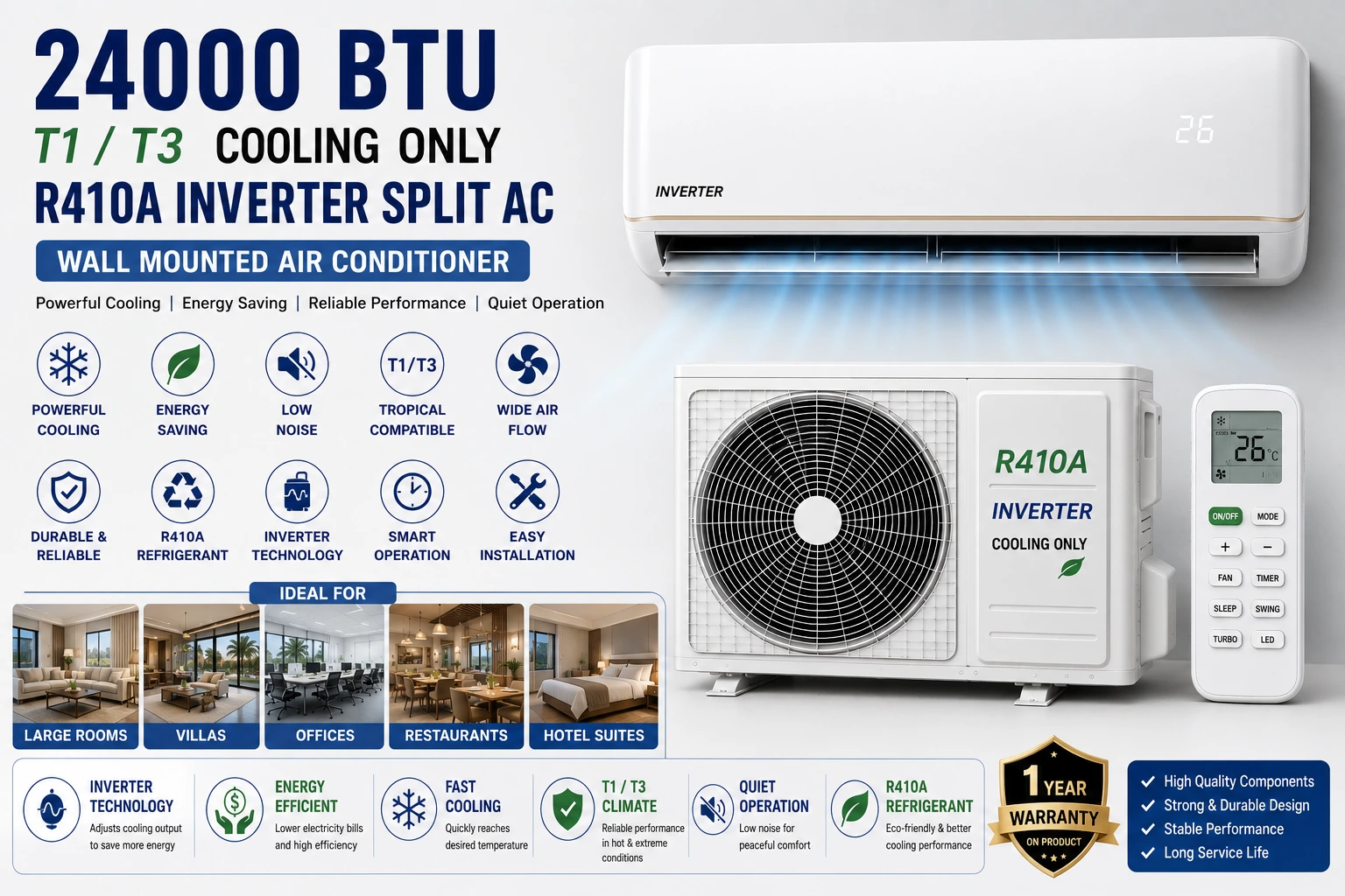24000 BTU T1 T3 Cooling Only R410A Inverter Room Wall Mounted Air Conditioner Sale