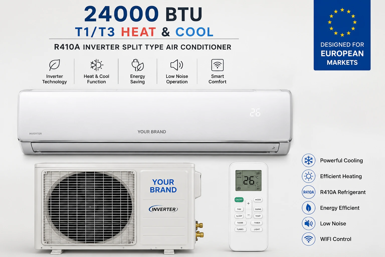 24000 BTU T1 T3 Heat And Cool R410A Inverter Split Type Aircon Price For European