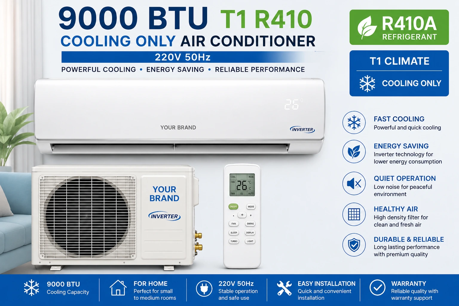 9000 BTU T1 R410 Cooling Only 220V 50Hz ac unit air conditioner for sale