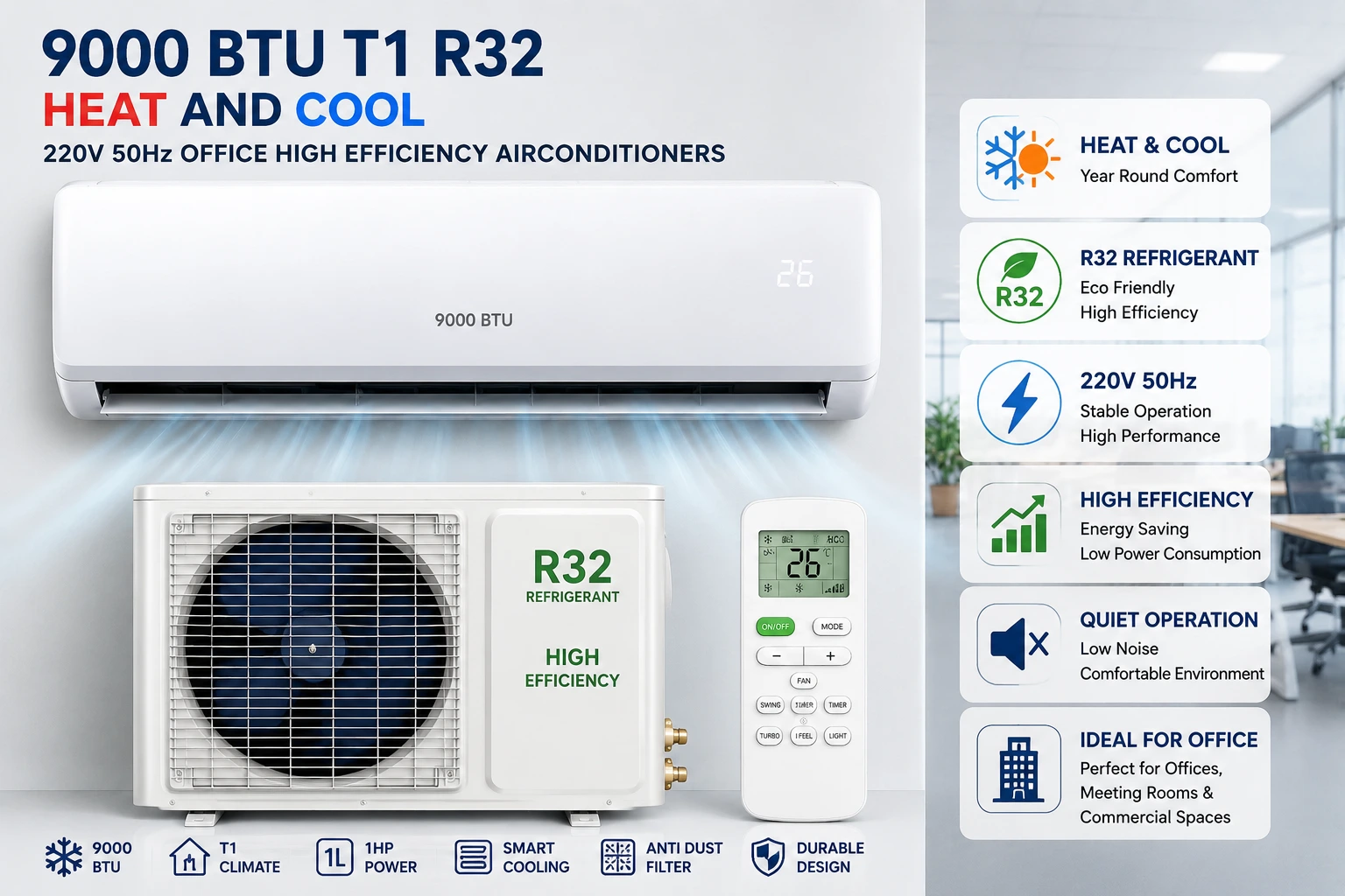 9000 BTU T1 R32 Heat And Cool 220V 50Hz Office High Efficiency Air Conditioners