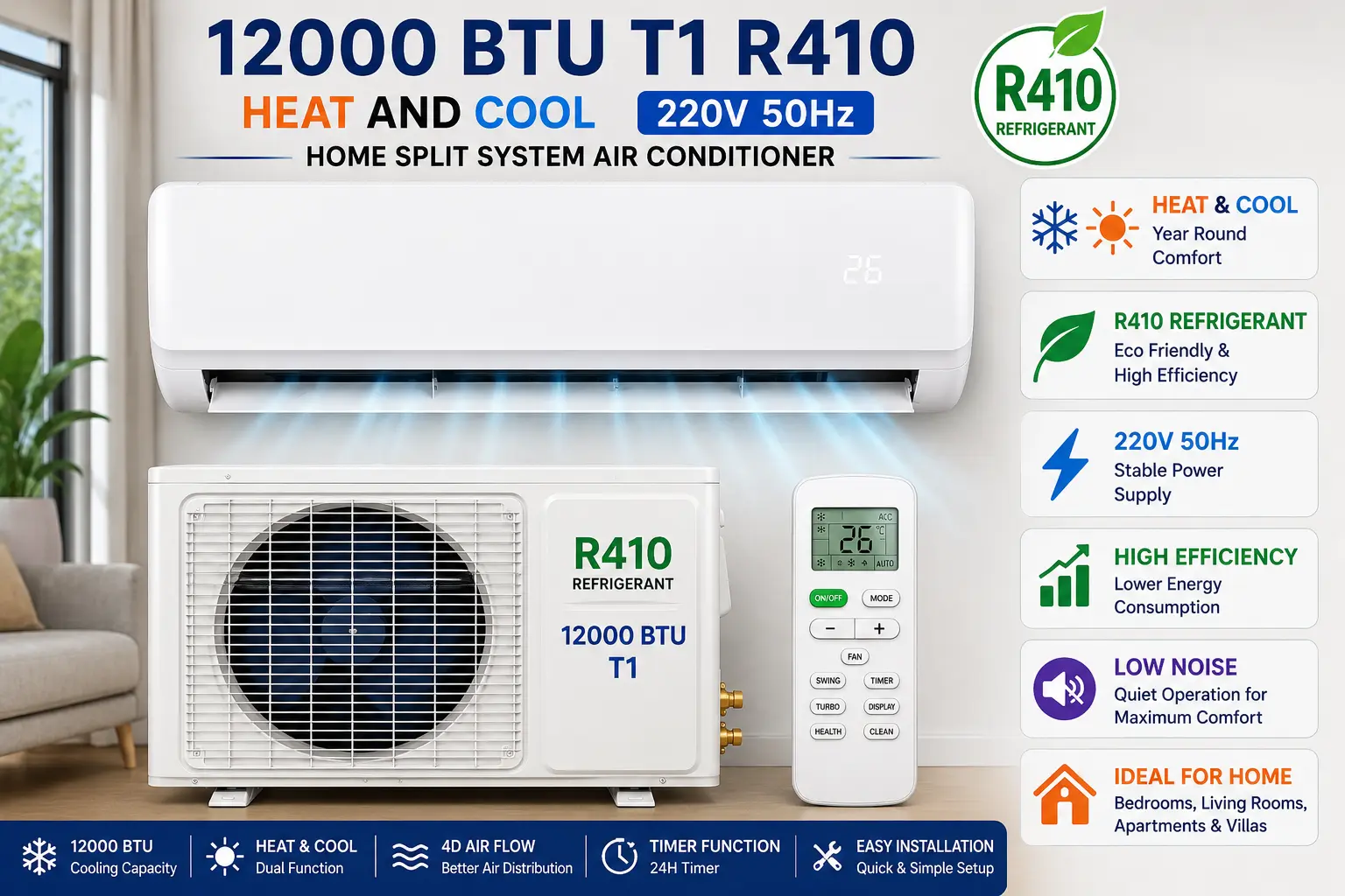 12000 BTU T1 R410 Heat And Cool 220V 50Hz Home Split System Air Conditioner