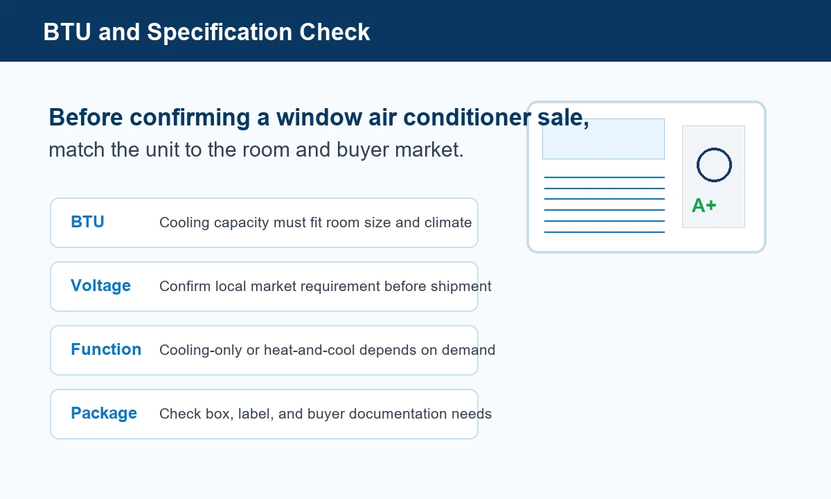 Window air conditioner sale BTU and specification check for commercial buyers