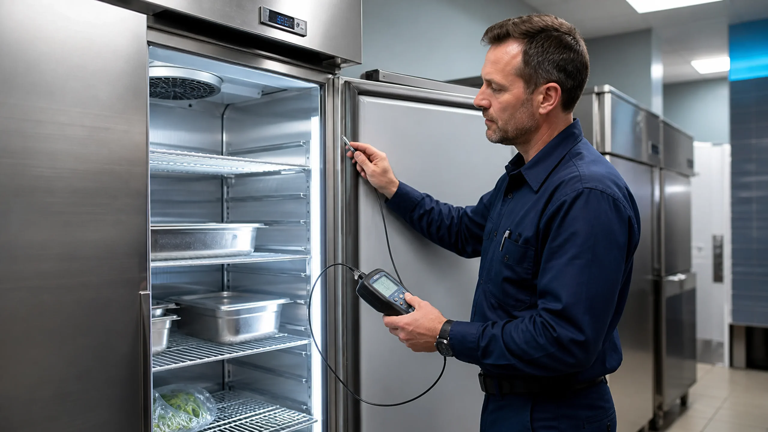 Inspeccion de temperatura y puertas de un refrigerador comercial