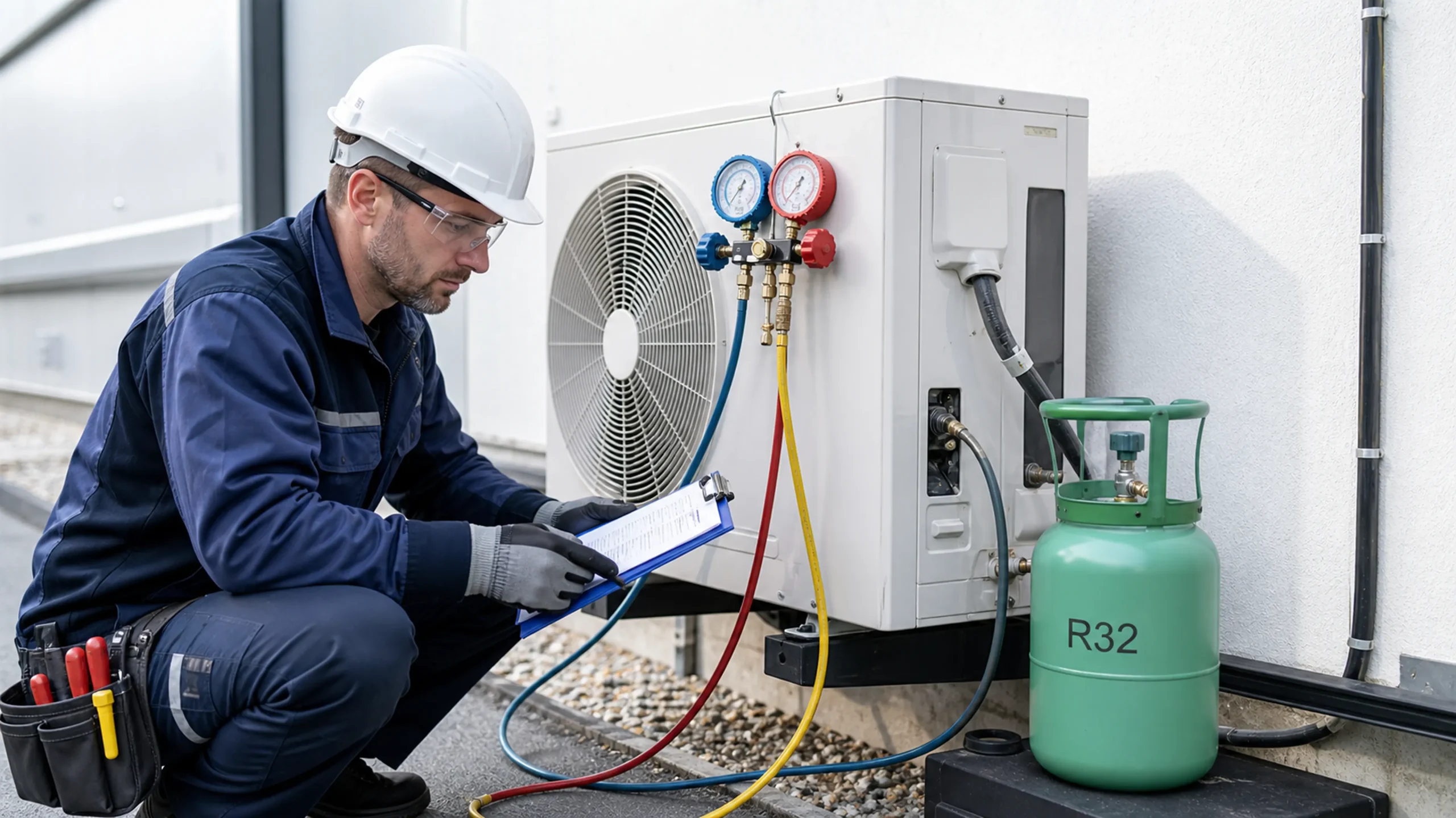 Technician completing an R32 refrigerant safety and pressure check